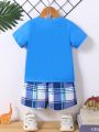 Baby Boys' Cartoon Print Short Sleeve T-Shirt And Plaid Shorts Set