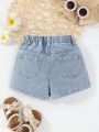 Girls' Casual Cute Dopamine Colored Flower Embroidery Wide-leg Comfortable Light Blue Washed Denim Shorts With Flower