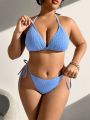 SHEIN Swim Basics Plus Size Women's Textured Halter Neck Swimsuit Set