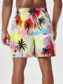 Men'S Tie Dye Coconut Tree Printed Drawstring Waist Beach Shorts