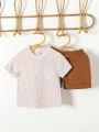 2pcs Baby Boy Colorful Stripe Pattern Casual Shirt And Brown Shorts Set