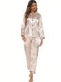 Satin Pajamas Set Women's Long Sleeve Sleepwear Button Down Loungewear Silk Pjs with Pockets