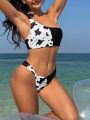 SHEIN Swim Vcay Ladies' One Shoulder Swimsuit With Cow Print, Swimming Suit Set