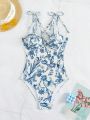 SHEIN Swim Chicsea Women'S Floral Printed Cut-Out One Piece Swimsuit With Knot Front
