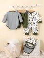 SHEIN Newborn Baby Boy Full Moon Gift Set, Cute Dog Print Jumpsuit, Jumpsuit, Hat, Saliva Napkin And Other Multi-Piece Sets