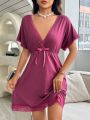 Women's Spliced Lace Bowknot Detail Sleepwear Dress