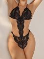 Floral Lace Cut Out Halter Teddy Bodysuit