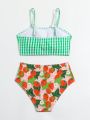 Big Girls Plaid Suspenders And Strawberry Shorts Swimsuit Two-Piece Set