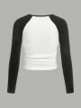 SHEIN Girls' Simple Street Style Casual Knit Contrast Color V-neck Long Sleeve T-shirt With Slit