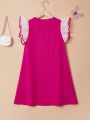 SHEIN Kids QTFun Tween Girls' Knit Patchwork Mesh Flying Sleeve Casual Dress