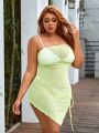 SHEIN Swim Vcay Plus Size 1pc Strapless Cover Up Dress With Asymmetric Hem And Mesh Detailing