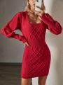 SHEIN Privé Solid Color Knitted Sweater Dress With Twist Pattern, Square Neckline And Lantern Sleeves