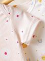 3pcs/Set Baby Girls' Solid Color And Printed Short Sleeve Bodysuit With Daisy, Sun, Face, Rainbow And Polka Dot Pattern