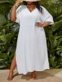 SHEIN Swim Vcay Large Size 1pc V-Neck Batwing Sleeve Slit Side Cover Up Dress