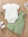 Baby Girl Striped Tee Bodysuit With Overall Romper