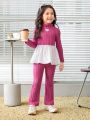 SHEIN Kids KDOMO Toddler Girls' Slim Fit Academy Style Half Turtleneck Top And Long Pants Set