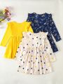 SHEIN Kids CHARMNG Toddler Girls' Romantic Polka Dots & Sunflowers Print Three-Piece Dress Set With Ruffled Hem For Spring & Autumn