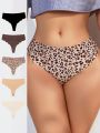 5pcs/Pack Leopard Print & Solid Color Seamless Thong Panties