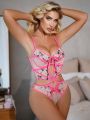 SHEIN Women's Sexy Floral Embroidered Front Lace-Up Bodysuit Lingerie