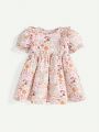 Cozy Cub Baby Girl's 2pcs/Set Plant Cartoon Patterned Round-Neck Dress With Ruffled Hem And Bubble Sleeves