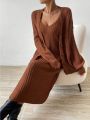 SHEIN Privé Coffee Colored Fashionable Knitted Sweater Two Piece Set