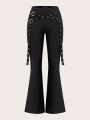 SHEIN ICON Women'S Bell Bottom Pants With Eyelet & Buckle Decorations