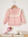 Young Girl Polka Dot Pattern Ruffle Trim Bow Front Cardigan