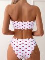 SHEIN Swim Mod Women's Heart Pattern Front Tie Bandeau Bikini Set