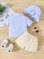 2pcs/Set Summer 2024 New Toddler Boys' Striped Sun Short Sleeve Shirt, Shorts And Hat Outfit