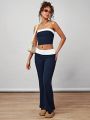 Forever 21 Vintage College Style Two Piece Set For Women With Wide-Leg Color Block High Stretch Flare Pants And Tight Wrap Chest Top