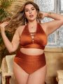 SHEIN Swim Chicsea Plus Size Women'S Solid Color Halter Neck Strap Swimsuit Set