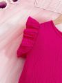 SHEIN Kids FANZEY Toddler Girls' Pink Ruffled Hem Top And Shorts 2pcs/Set
