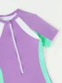 Girls' Sporty Color Block Short Sleeve One Piece Swimsuit