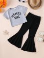 SHEIN Kids EVRYDAY Little Girls' Letter Print Short Sleeve T-Shirt And Flared Pants Outfit Set