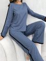 Color-Blocking Stitched Ribbed Knit Pajama Set