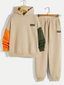 SHEIN Kids EVRYDAY Boys' Casual Stitching Hooded Sweatshirt With Applique Letter And Contrasting Colored Sleeves & Solid Color Knitted Long Pants Two-piece Set