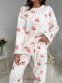 Letter & Peach Pattern Drop Shoulder Flannelette PJ Set