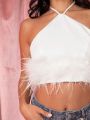 LARAMEE Faux Feather Trim Halter Top