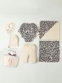 SHEIN Baby Boy'S Multi-Piece Set Of Leopard & Cartoon Cat Print Bibs, Swaddle Blanket And Gift Box