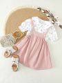 Baby Girl Floral Doll Collar Top And Suspender Skirt Set
