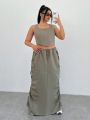 SHEIN Coolane Plus Size Women's Tank Top And Drawstring Waist Utility Skirt Two Piece Set