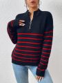 Striped Drop Shoulder Zipper Front Sweater