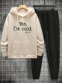 Men's Plus Size Hooded Fleece Sweatshirt And Pants Set With Slogan Printing And Drawstring Design