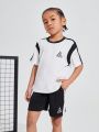 SHEIN Kids SPRTY Young Boys' Casual Loose Fit Round Neck Pullover Color Block T-Shirt And Shorts Set