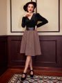 SHEIN DECDS Vintage Elegant Women'S A-Line Skirt With Wide Waist Belt And Umbrella Hem, Autumn/Winter