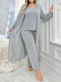 Large Size V-Neck Short-Sleeved T-Shirt And Trousers And Robe Pajama Set