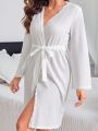 Ladies' Solid Color Lace Trimmed Robe With Waist Belt