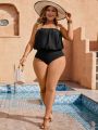 SHEIN Swim Classy Plus Size One-piece Swimsuit With Round Ring Decoration And Halter Neck