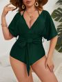 Plus Solid Belted One Piece Swimsuit