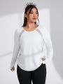 Yoga High Street Women's Plus Size Mesh Patchwork Yoga Long Sleeve Side Drawstring Athletic T-shirt